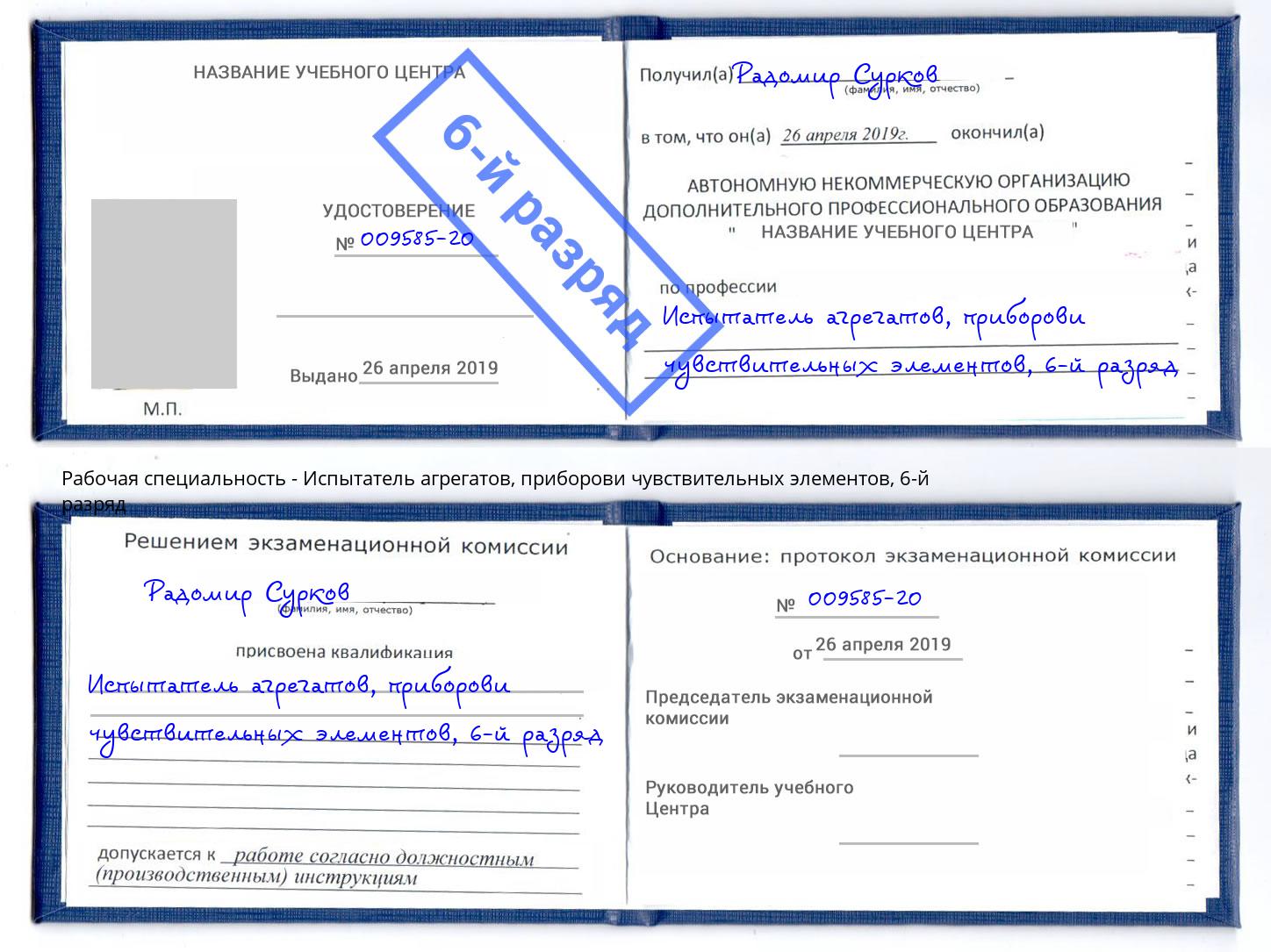 корочка 6-й разряд Испытатель агрегатов, приборови чувствительных элементов Тутаев