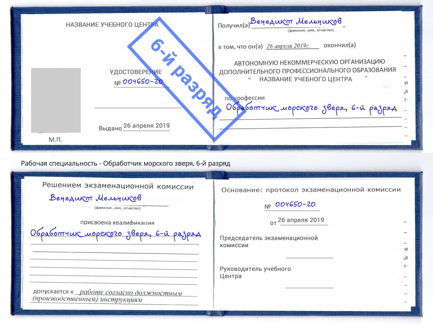 корочка 6-й разряд Обработчик морского зверя Тутаев