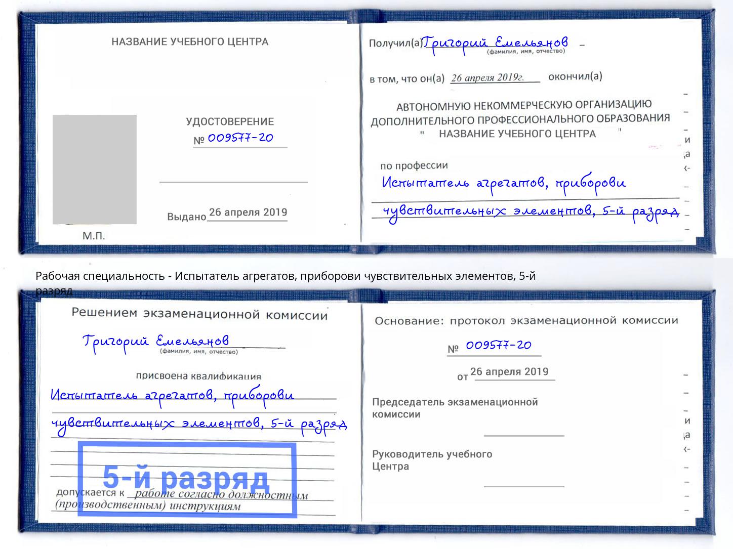 корочка 5-й разряд Испытатель агрегатов, приборови чувствительных элементов Тутаев