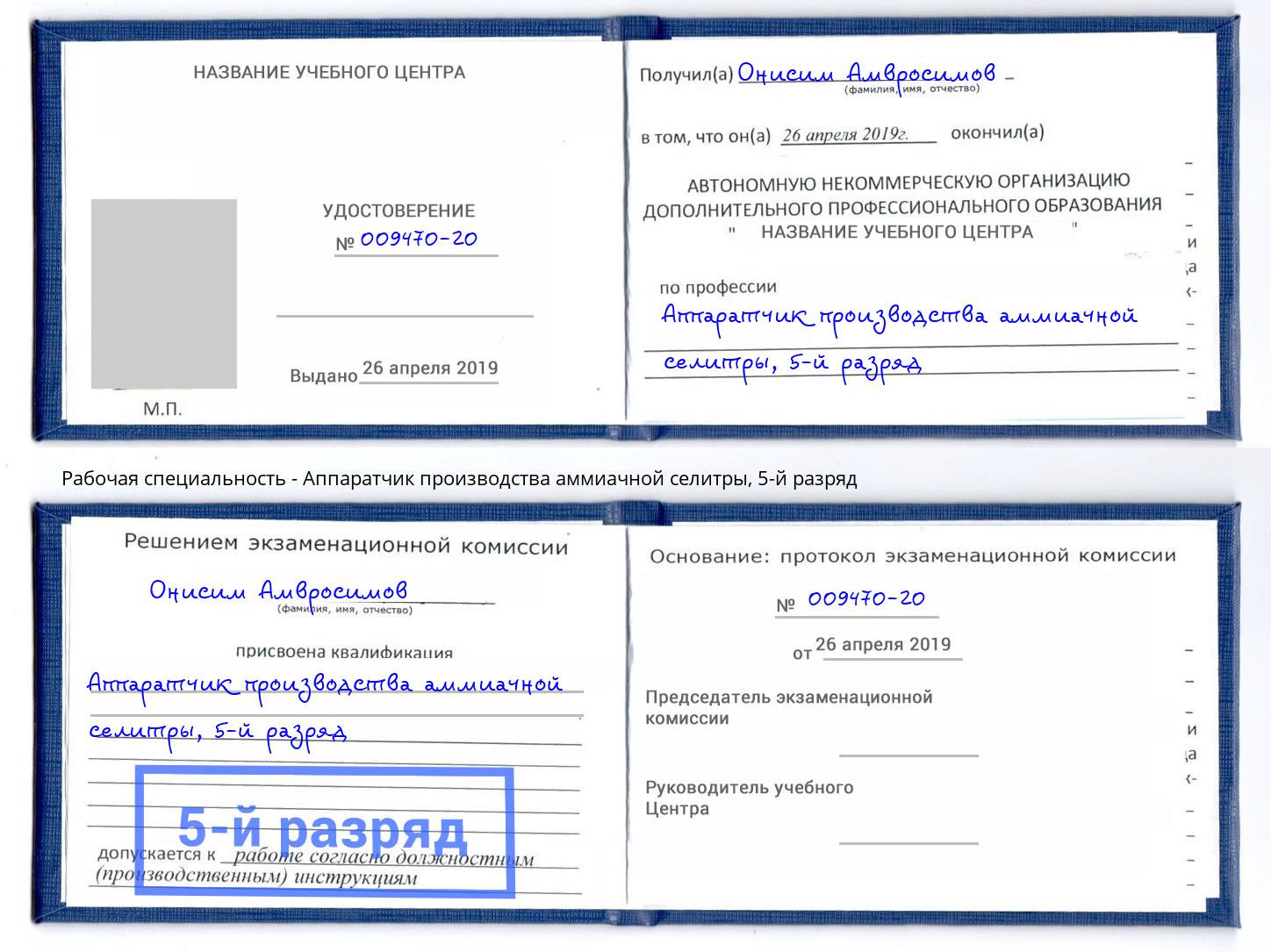 корочка 5-й разряд Аппаратчик производства аммиачной селитры Тутаев