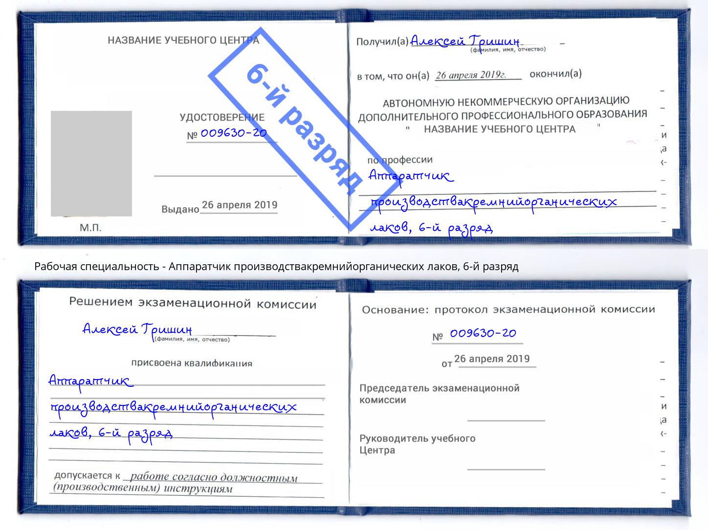 корочка 6-й разряд Аппаратчик производствакремнийорганических лаков Тутаев