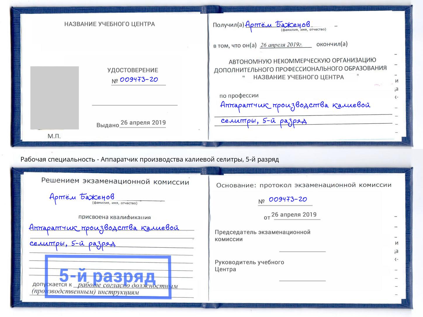 корочка 5-й разряд Аппаратчик производства калиевой селитры Тутаев