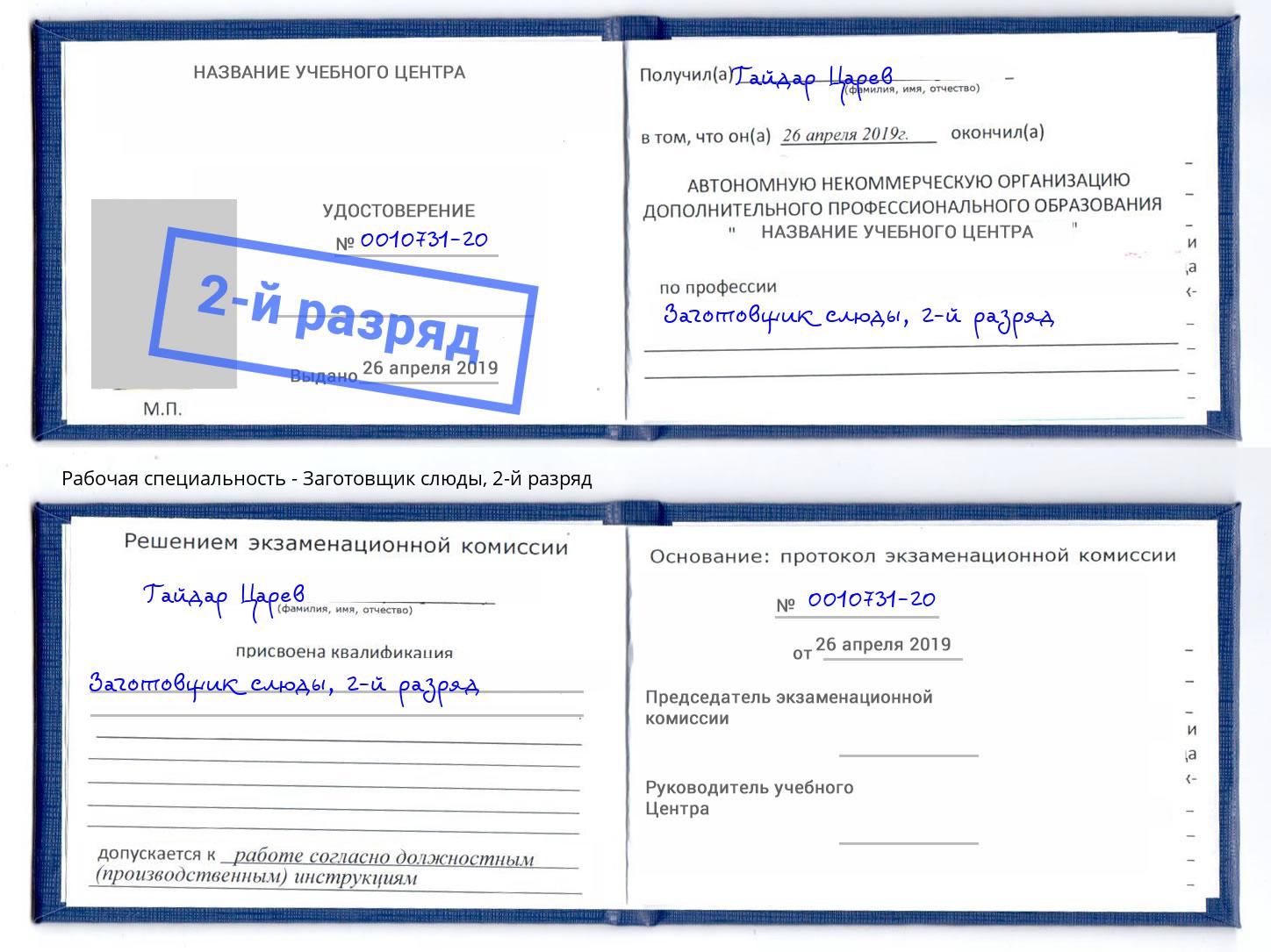 корочка 2-й разряд Заготовщик слюды Тутаев