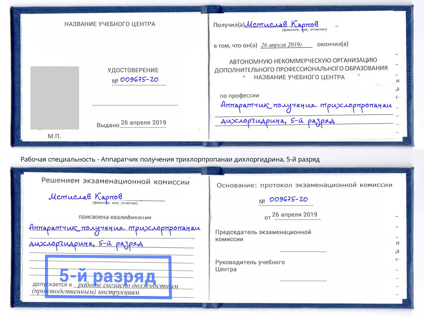 корочка 5-й разряд Аппаратчик получения трихлорпропанаи дихлоргидрина Тутаев