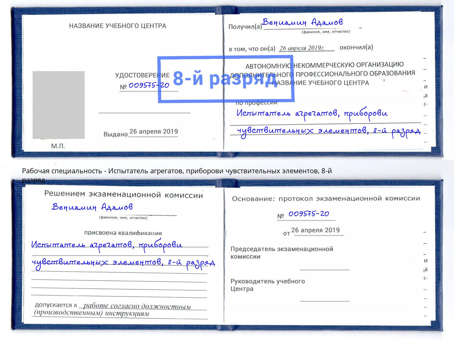 корочка 8-й разряд Испытатель агрегатов, приборови чувствительных элементов Тутаев